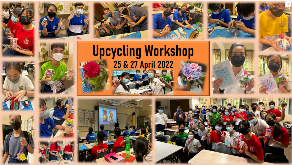 Collage of masked students at an Upcycling Workshop on 25 and 27 April 2022, holding handmade crafts.